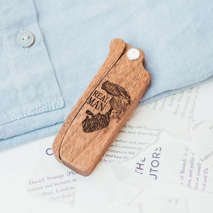 Beard Comb for Men Pocket Folding Combs for Mustache Hair Travel Natural Wooden Comb with Real Man Engraving Perfect for