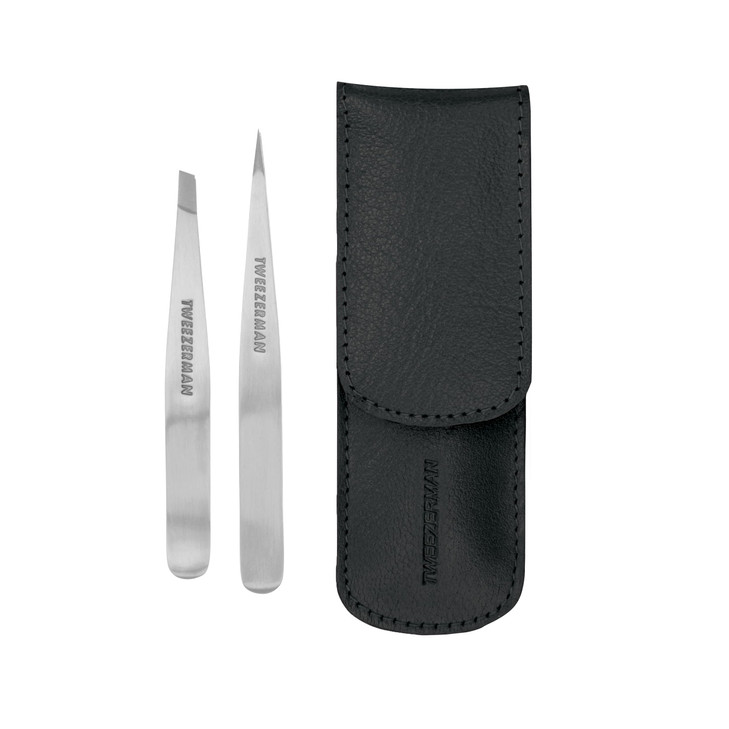 Tweezerman Petite Tweeze Set with Travel Case Point and Slant Tweezers Tweezers for Travel Black Case