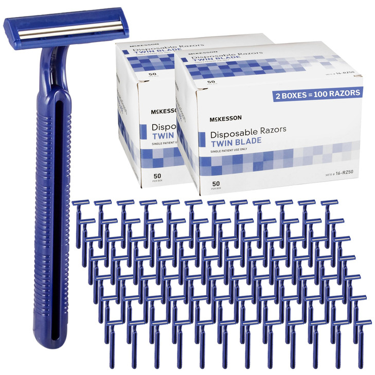 McKesson Disposable Razors 100 Count Twin Blade Bulk Shaving Razors for Men Women Stainless Steel Blue SingleUse for Med