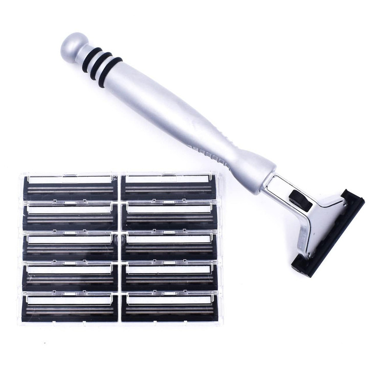 Taconic AllMetal Heavyweight Chrome Razor Gillette AtraCompatible Twin Blade Handle with 10 Pivot Plus Personna Blades E