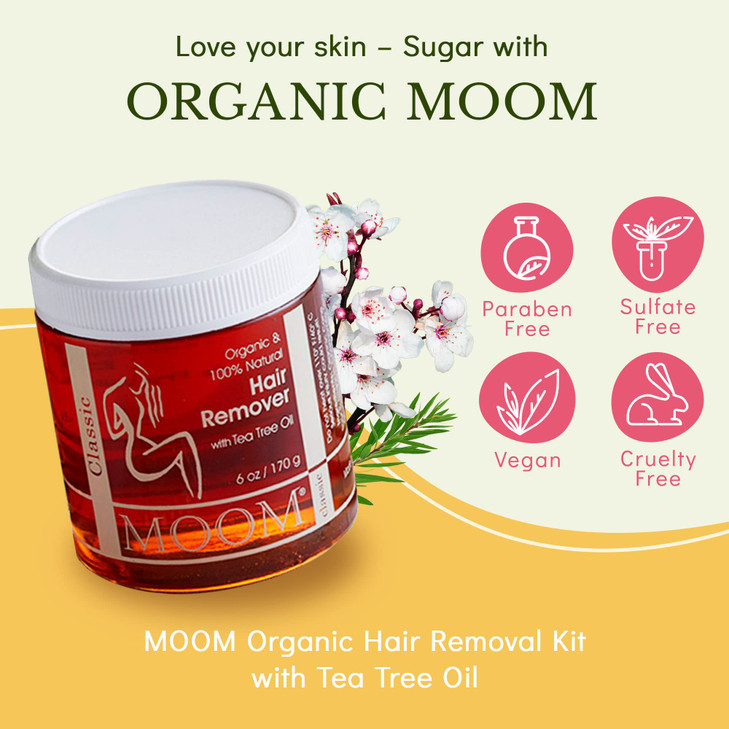 MOOM Organic Sugar Wax Hair Removal Kit for Underarm Face Bikini Infused with Tea Tree Oil Includes Wax Strips Sticks Id
