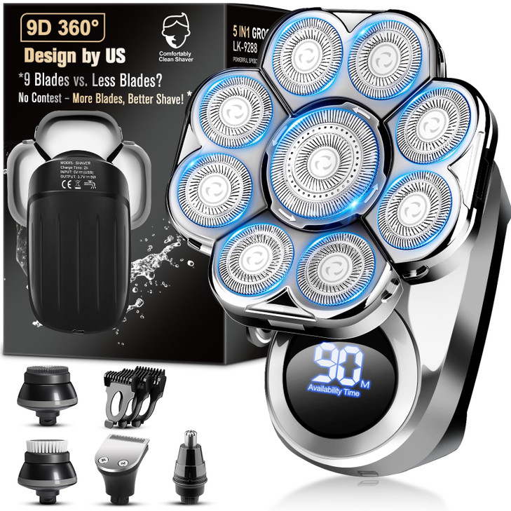 9D Electric Head Shaver for Bald Men Upgraded 5in1 Head Shaver for Bald Men Waterproof WetDry Grooming Kit Electric Shav