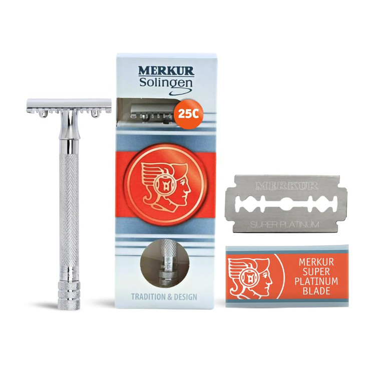 MERKUR 25C Double Edge Safety Razor in Bright Chrome with an Open Comb Design Long Handle Made in Germany PlasticFree Th