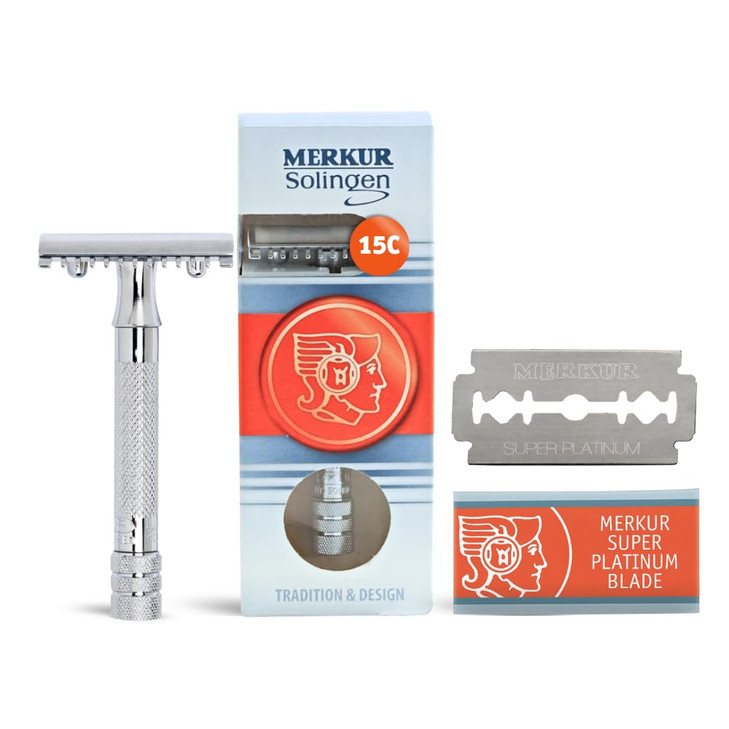 MERKUR 15C Double Edge Safety Razor in Bright Chrome with an Open Comb Design Standard Handle Made in Germany PlasticFre