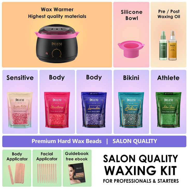 DELEXI Premium Waxing Kit for Women Men Painless Hard Wax Beads for Coarse Hair SmartHeat Wax Warmer No Burns 41Piece Se