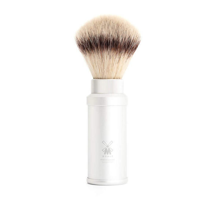 MHLE Travel Silver Aluminum Silvertip Fibre Shaving Brush Portable Synthetic Luxury Shave Brush for Men Rich Lather