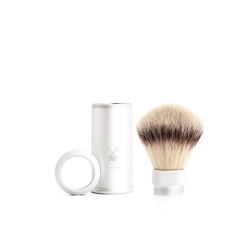 MHLE Travel Silver Aluminum Silvertip Fibre Shaving Brush Portable Synthetic Luxury Shave Brush for Men Rich Lather