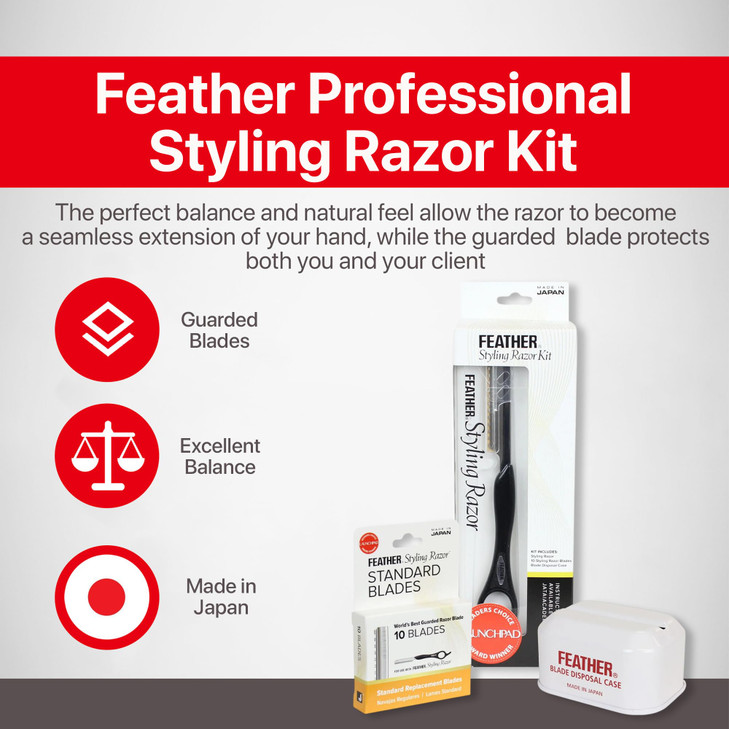 Feather Standard Styling Razor Kit Ergonomic 725 inch Black Razor Handle 11 Guarded Replacement Blades Metal Disposable