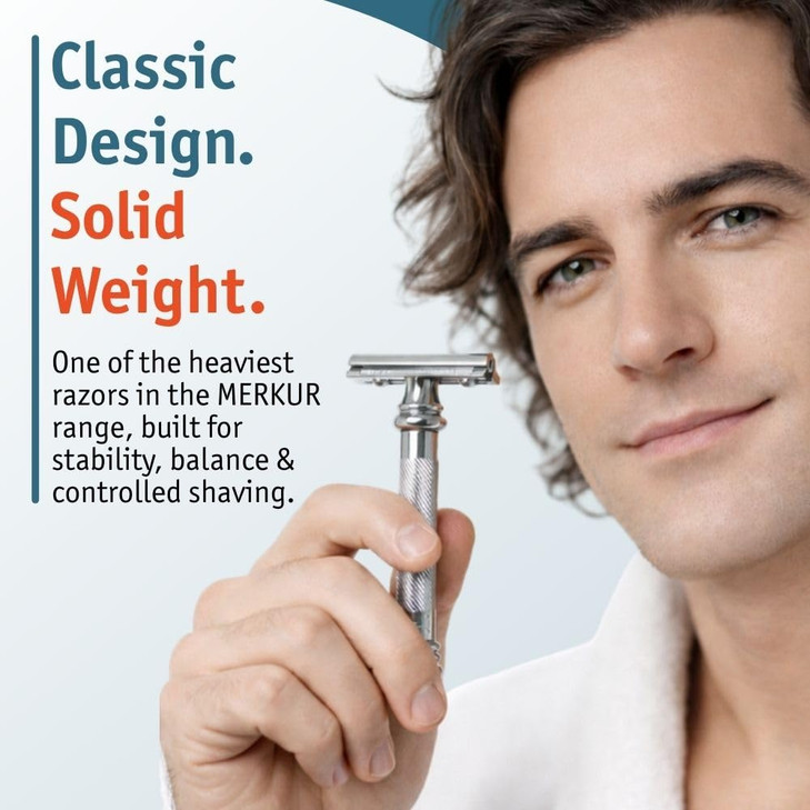 MERKUR 38C Double Edge Safety Razor Bright Chrome Extra Large Barber Pole Grip Brass Handle Made in Germany PlasticFree