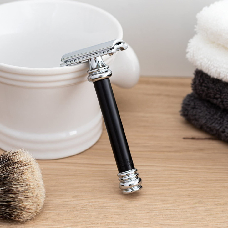 MERKUR 38B Double Edge Safety Razor Black Handle Extra Large Barber Pole Grip Brass Handle Made in Germany PlasticFree T