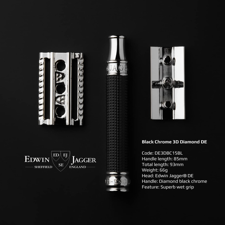 Edwin Jagger Double Edge Safety Razor With Long Handle Blue Black Chrome Laser 3D Diamond