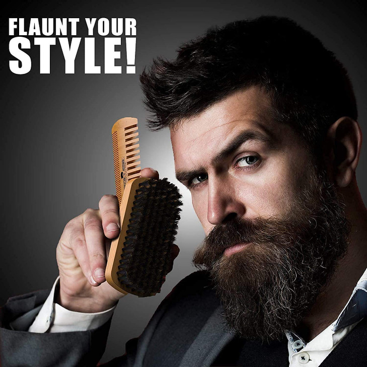 Beard Brush for Men with Beard Mustache Comb Set Beard Grooming Care Kit Natural Boar Bristle Brush Dual Action Wood Com