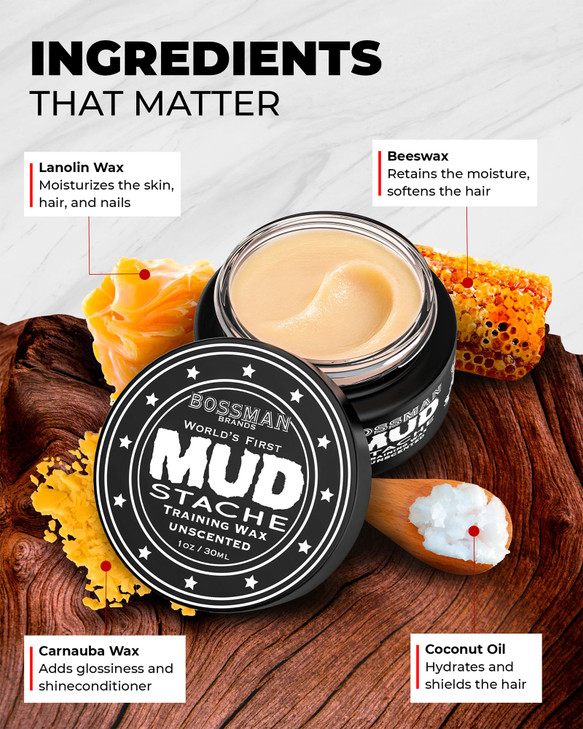 Bossman MUDstache Unscented Mustache Wax for Men 3 oz 3 Pack Strong 24Hour Hold NonTacky Easy to Apply for Taming Stylin