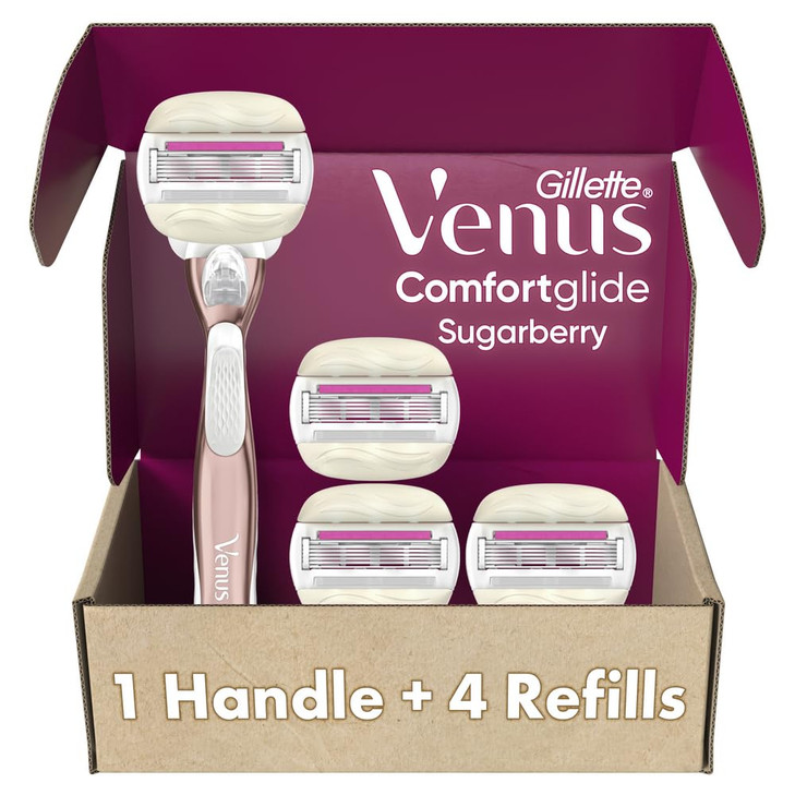 Gillette Venus Comfortglide plus Olay Sugarberry Womens Razor with Rose Gold Metal Handle 4 Blade Refills Holiday Gifts