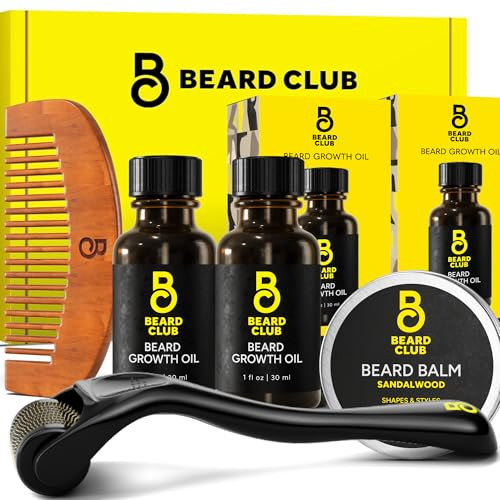 The Beard Club Enhanced Beard Growth Kit Derma Roller Beard Growth Oil 2PK Sandalwood Beard Balm Comb Gift Set