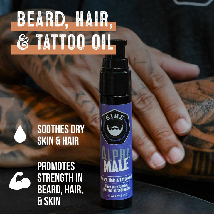 GIBS Grooming Alpha Male Beard Hair Tattoo Oil 4 fl oz Softens Strengthens Protects Skin Moisturizer Vitamin C UV Shield