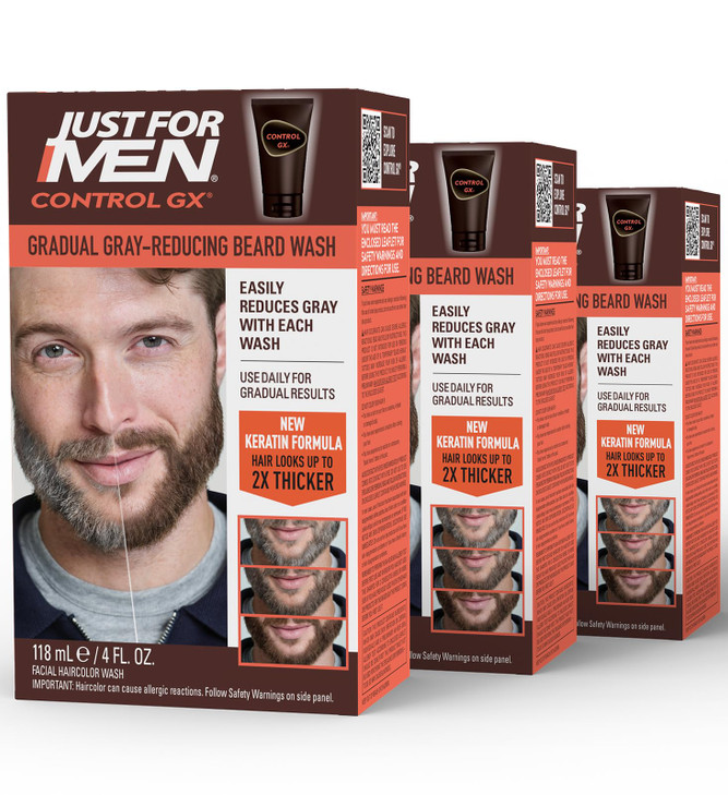Just for Men Control GX Grey Reducing Beard Wash Shampoo with Keratin Gradually Colors Mustache and Beard Leaves Facial