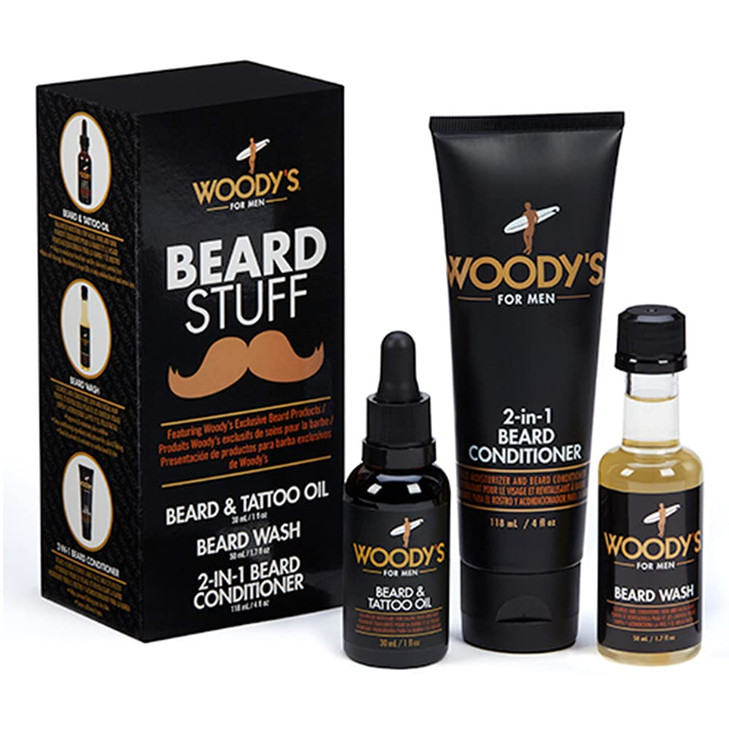Woodys Beard Stuff 3 Piece Kit Beard Tattoo Oil Wash 2 in 1 Facial Hair Conditioner Cleanse Moisturize and Style