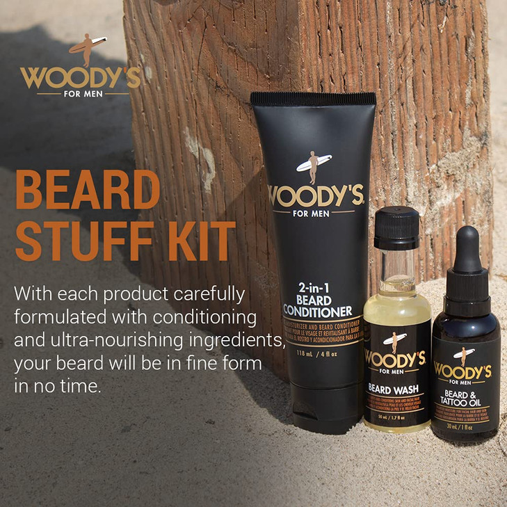Woodys Beard Stuff 3 Piece Kit Beard Tattoo Oil Wash 2 in 1 Facial Hair Conditioner Cleanse Moisturize and Style