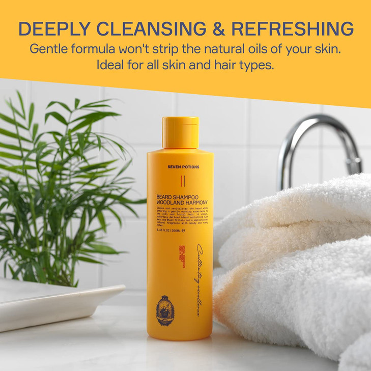 SEVEN POTIONS Beard Shampoo for Men Woodland Harmony 845 Fl Oz Natural Vegan Cruelty Free Gentle Cleansing Wash for a Cl