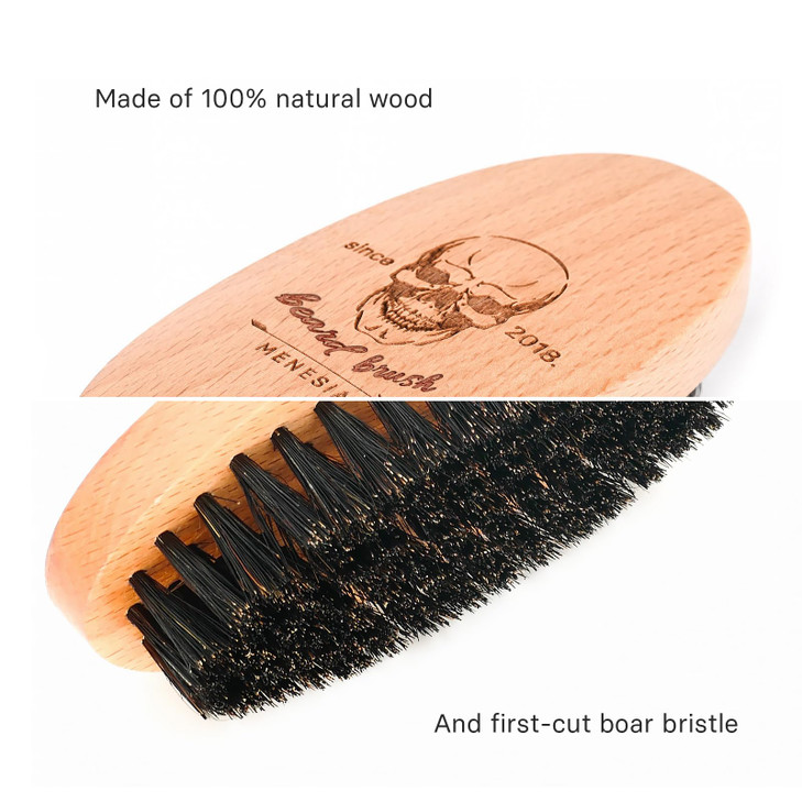 Menesia Boar Bristle Hair Beard Brush for Men Pocket Travel Mens Wooden Small Soft Beard Brush Skull