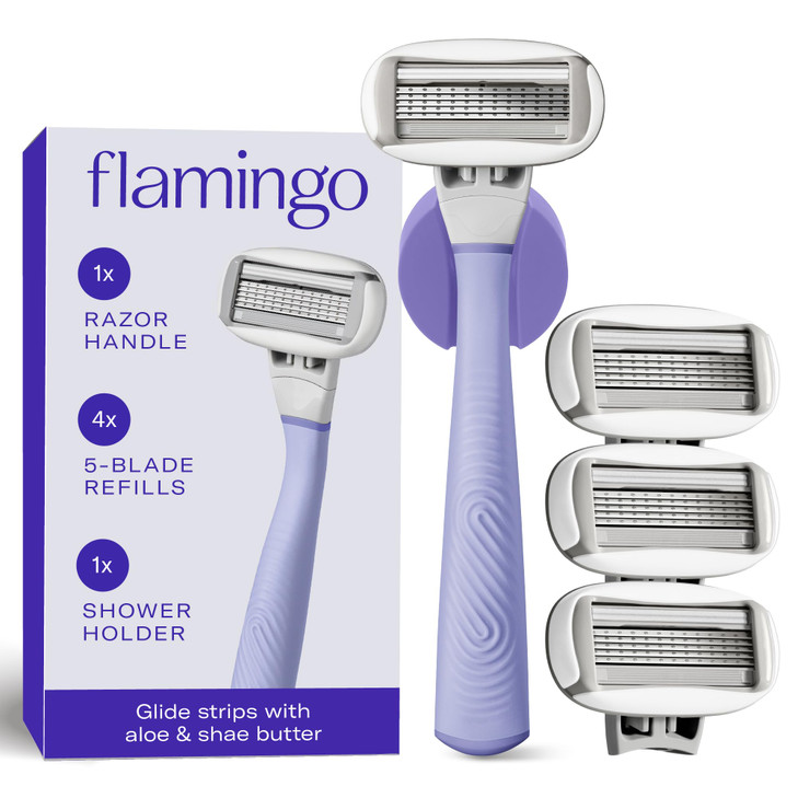Flamingo Shaving Razor Set for Women Original Razor Handle 4 Blade Refills and Shower Holder Lilac
