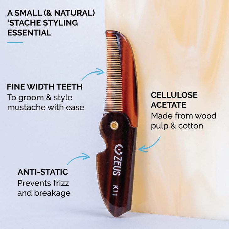 ZEUS Folding Mustache Comb for Men Handmade SawCut Pocket Comb for Mens Beard Moustache Grooming Compact Travel Friendly