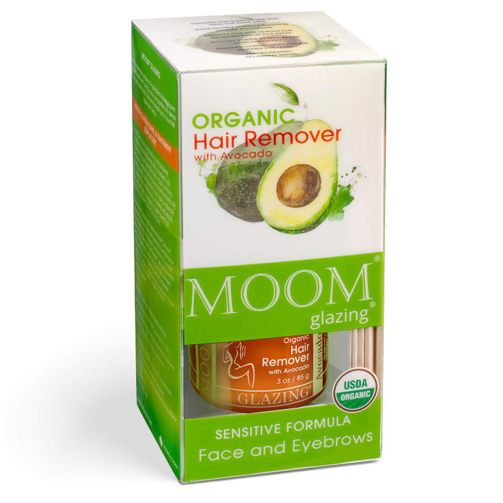 MOOM Organic Hair Removal Kit Avocado Oil Agar Agar Green Tea Glaze 18 Reusable Strips 6 Application Sticks 3 oz Jar