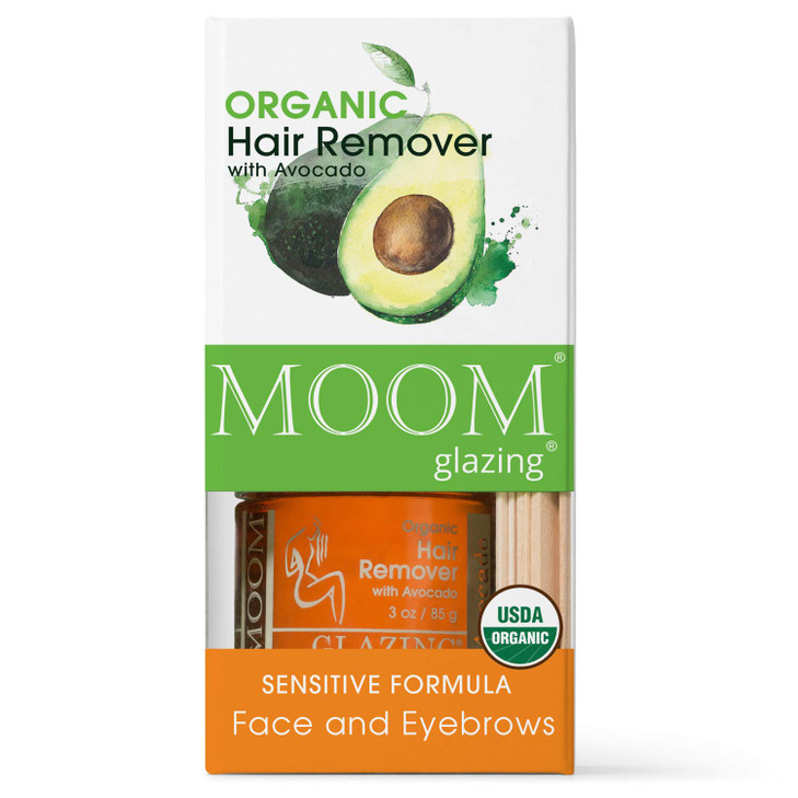 MOOM Organic Hair Removal Kit Avocado Oil Agar Agar Green Tea Glaze 18 Reusable Strips 6 Application Sticks 3 oz Jar