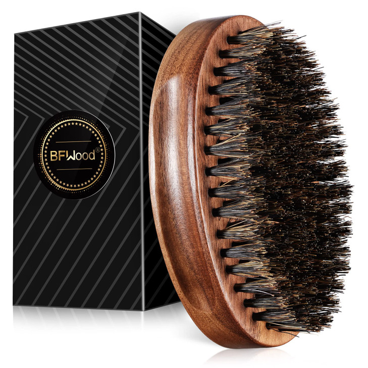 BFWood Boar Bristle Beard Brush Black Wood Walnut Military Style Mens Wooden Mustache Brush