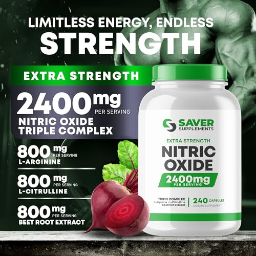 Saver Supplements Nitric Oxide Supplement 2400mg with L-Arginine, L-Citrulline and Beet Root Extract, 240 Capsules