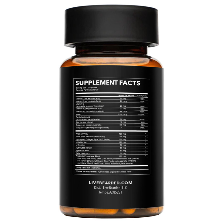 Live Bearded Beard Boost Beard Growth Vitamins for Men with Biotin Collagen Silica FoTi Root Facial Hair Growth for Men