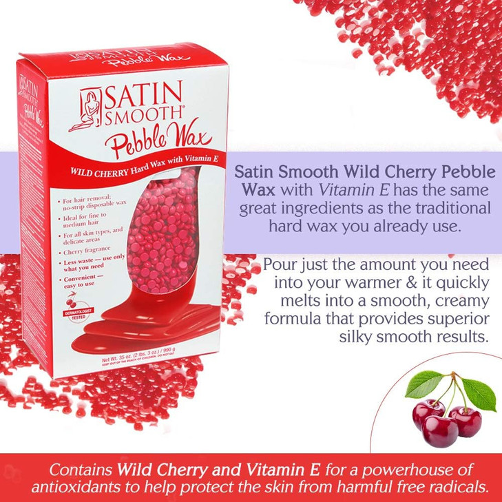 Satin Smooth Hard Wax Beads Wild Cherry Pebble Wax for Hair Removal on Sensitive Skin Fine to Medium Hair 35 oz