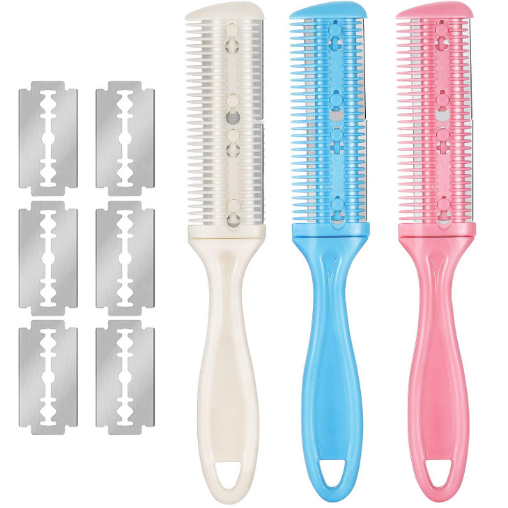 Maitys 3 Pcs Haircut Razor Comb Hair Cutting Comb with 12 Replacement Blades Double Edge Shaper for Salon Home Styling S