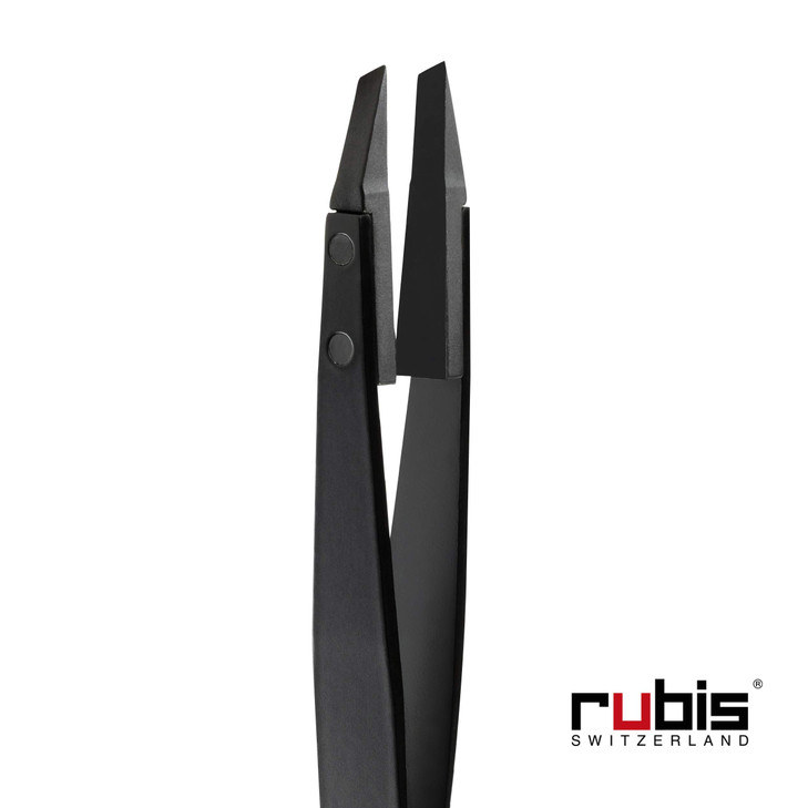 Rubis Classic Techno Stainless Steel Tweezers for Precise Eyebrows and Hair Removal Slanted Polymer Tips 1KS104 BlackRub