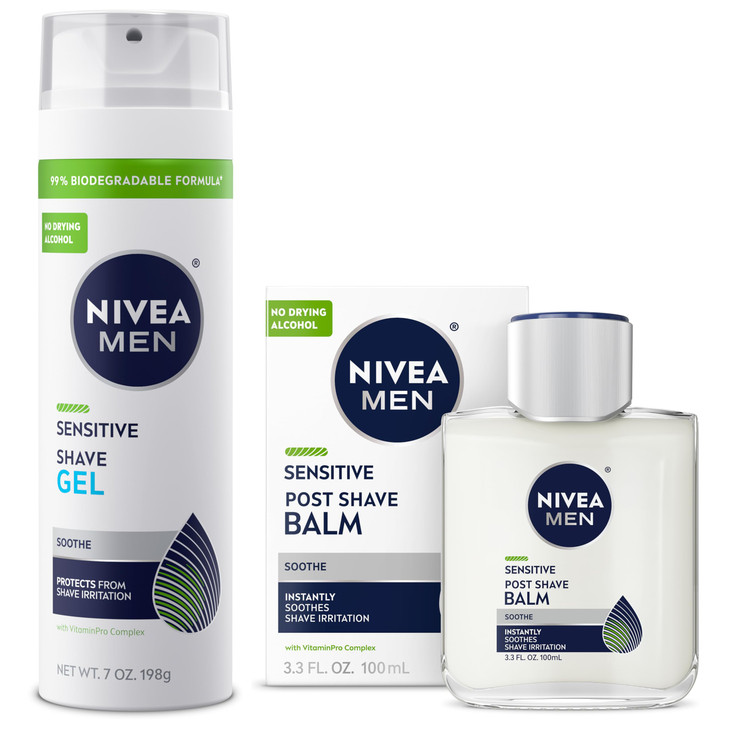 NIVEA MEN Sensitive Shaving Set for Men Sensitive Shave Gel 7 Oz Soothing Post Shave Balm Aftershave 33 Fl Oz Enriched w