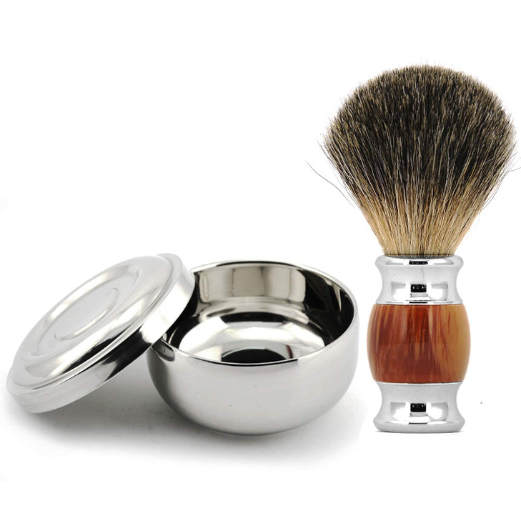 Grandslam Stainless Steel Shaving Bowl and Badger Hair Brush Kit Wide Mouth With Lid