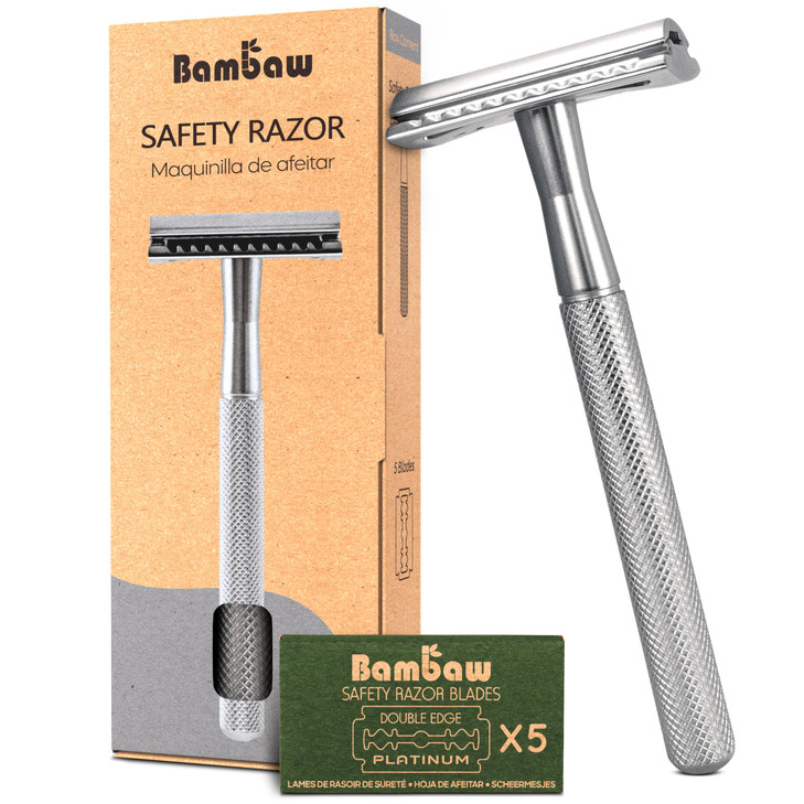 Bambaw Double Edge Safety Razor for Men Women Metal Razor with 5 Double Edge Safety Razor Blades EcoFriendly Razor Silve