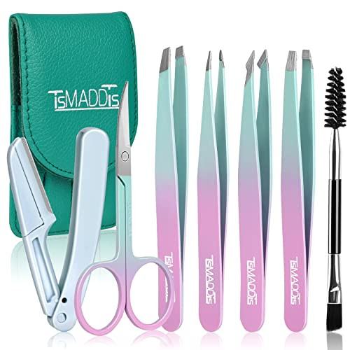 TsMADDTs 7 pcs Tweezers for Women Facial Hair Precision Tweezer Set for Eyebrows with Curved Scissor and Eyebrow Razor f