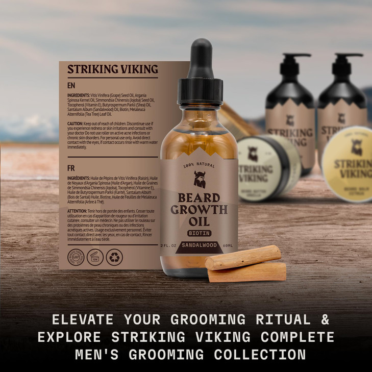 Striking Viking Beard Growth Oil for Men 2 Fl Oz Sandalwood Thickening Conditioning Beard Oil with Biotin Facial Hair Se