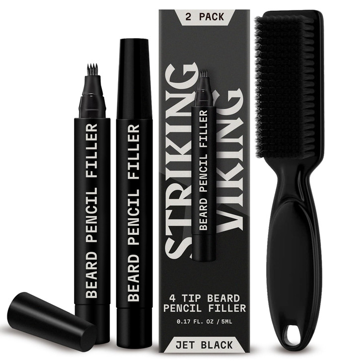 Striking Viking Beard Pencil Filler Jet Black 2Pack with Soft Bristle Brush Barber Pencil Tip for Gap Repair Realistic H