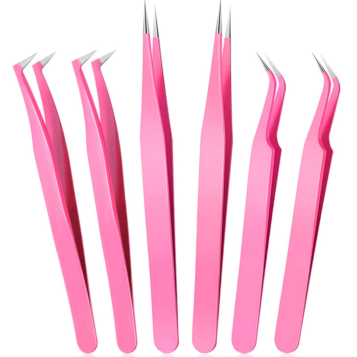 High Precision Lash Tweezers Set 6 Pack Stainless Steel Eyelash Extension Tweezers for Classic Volume Mega Volume Lashes