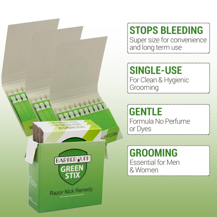 BARBERUPP Styptic Stick Shave Accessories Green Stix 3 Pack Stops Bleeding For Razor Nicks For Men Women Sanitary and Gr
