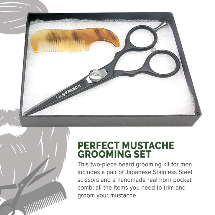 Lucky Francs Beard Grooming Kit with Japanese Beard Scissors Ox Horn Handmade Mini Beard Combs for Men Mustache Trimming