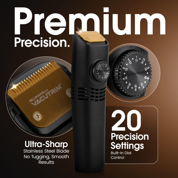 BellHowell Vacutrim Deluxe Cordless Mens Beard Trimmer Rechargeable Electric Shaver with 20 Trim Setting and Builtin Vac