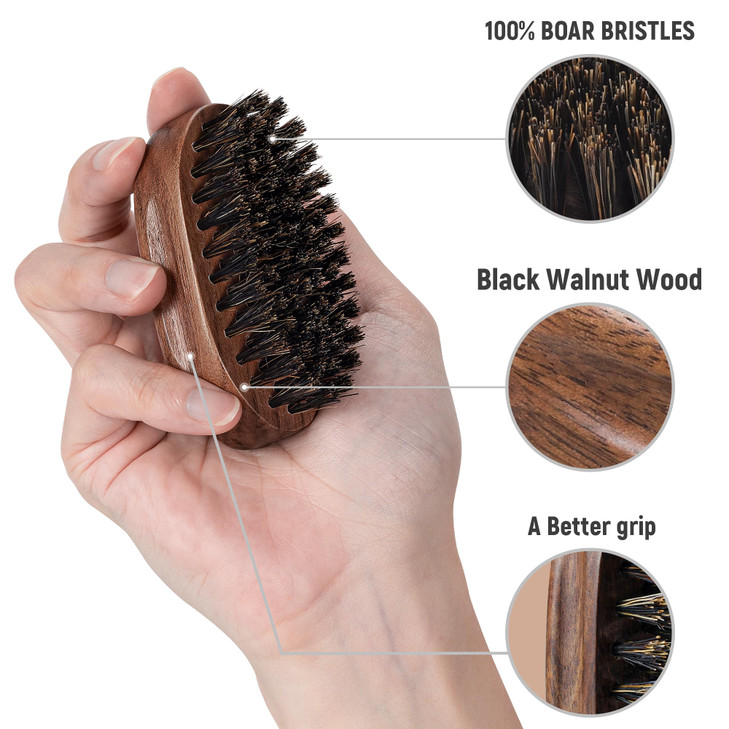 BFWood Small Travel Beard Brush Natural Boar Bristles with Black Walnut Wood