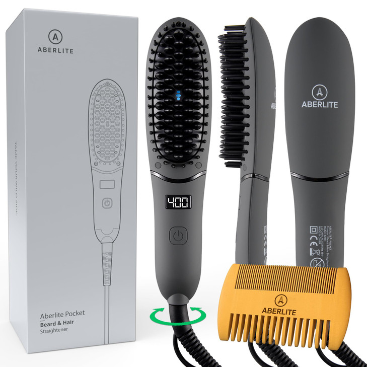 Aberlite Pocket Compact Beard Straightener for Men Ionic AntiScald Technology Beard Straightening Heat Brush Comb Ionic