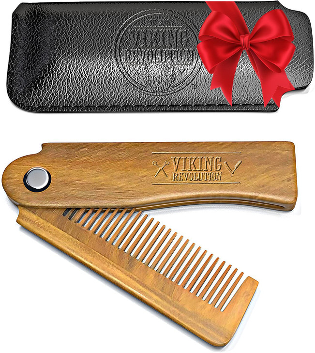 Folding Beard Comb wCarrying Pouch for Men All Natural Wooden Beard Comb wGift Box Green Sandalwood Comb for Grooming Co