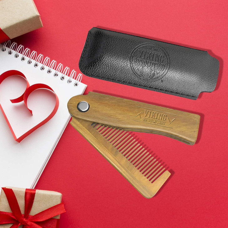 Folding Beard Comb wCarrying Pouch for Men All Natural Wooden Beard Comb wGift Box Green Sandalwood Comb for Grooming Co