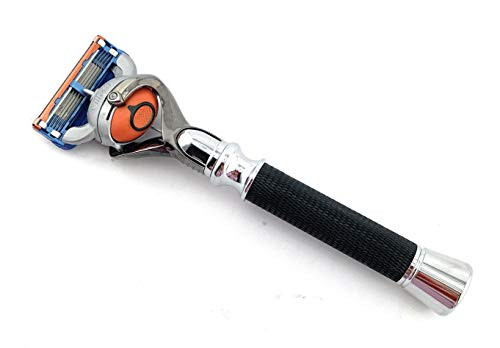 GBS Mens Grooming Deluxe Razor Anti Slip Long Textured Handle Stainless Chrome Gunmetal Black